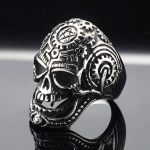 Anello teschio meccanico in acciaio inossidabile con ingranaggi steampunk e stella