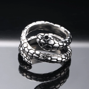 Vintage silver snake ring in stainless steel with detailed scales and a gothic texture