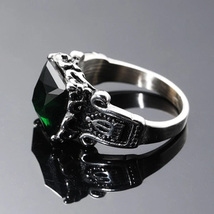 Vintage gothic men's stainless steel ring with crown motif and large green zircon stone