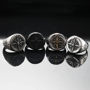 Vintage Compass Signet Ring For Men Stainless Steel Nautical Sailor Jewelry Retro Punk Band Finger Ring