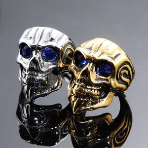 Punk Gothic Stainless Steel Skull Ring For Men Gold Steel Color Blue Zircon Eye Vintage Biker Bone Ring Jewelry
