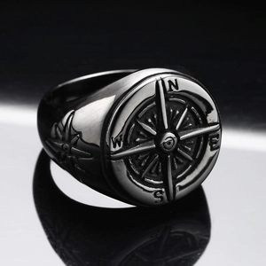 Vintage stainless steel compass signet ring for men with engraved N E S W details