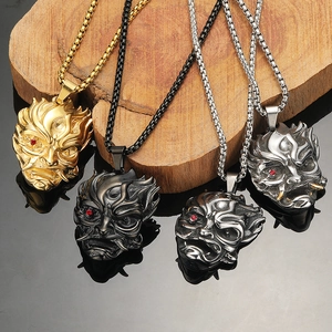 Punk Titanium Steel Hannya Mask Pendant Necklace Japanese Oni Face Gothic Ghost Jewelry With Red Zirconia Eyes For Men