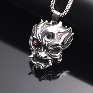 Japanese Hannya mask pendant necklace with red zircon eye and box chain for men