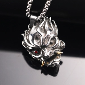 Japanese Oni Hannya mask pendant with red rhinestones and silver punk steel box chain
