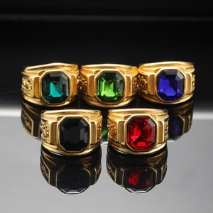 Retro Men's Stainless Steel Dragon Ring With Large Rectangular Rhinestone Punk Gold Silver Inlaid Gemstone Finger Ring Jewelry