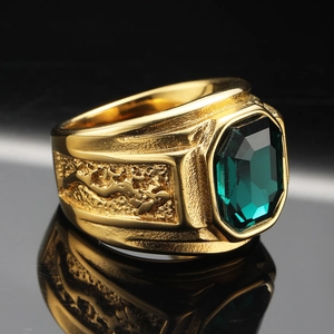 Men's vintage gold-plated stainless steel dragon ring with a large green emerald-cut stone