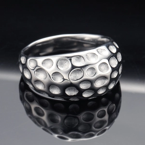 Silver geometric stainless steel ring with hammered texture and mirror reflection finish