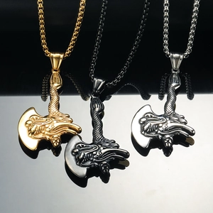 Collier avec pendentif hache de dragon en acier inoxydable, coloris or, noir et argent
