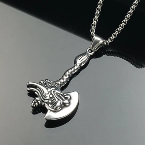 Pendentif hache de dragon viking en acier inoxydable vintage avec chaîne en boîte