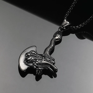 Collier avec pendentif hache de dragon viking en acier inoxydable noir mat pour homme