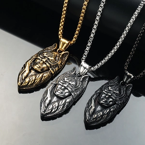 Vintage Titanium Steel Warrior Wolf Helmet Pendant Necklace Gothic Viking Punk Embossed Necklace For Men Women Hip Hop Jewelry
