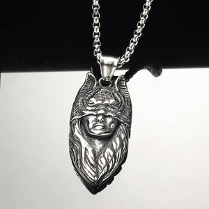 Vintage oxidized titanium steel cat-woman and wolf warrior pendant with box chain