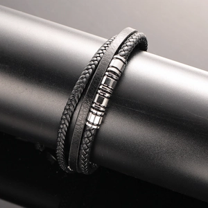 Men's Multilayer Leather Bracelet Braided Titanium Steel Beads Bracelet Punk Industrial Style Magnetic Clasp Jewelry