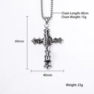 Vintage gothic titanium steel sword cross pendant with 60cm chain for men
