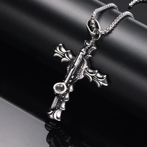 Gothic Punk Cross Pendant Necklace For Men Vintage Titanium Steel Wing Sword Design Retro Hip Hop Jewelry Neck Accessory