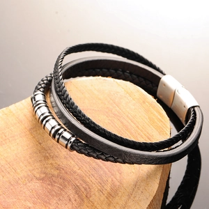 Multi-layer black braided leather bracelet for men with polished silver metal rings