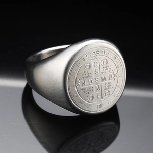 Retro St. Benedict signet ring in matte stainless steel with religious cross engravings