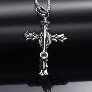 Retro gothic stainless steel cross pendant necklace with box chain for men style