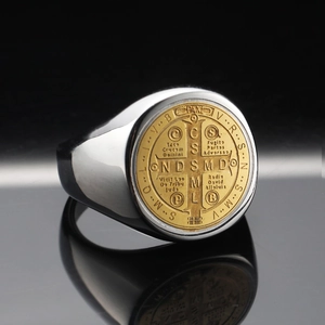 Saint Benedict medal ring in silver and gold stainless steel with cross engraving