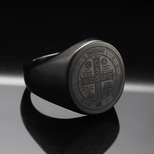 Matte black Saint Benedict signet ring in stainless steel with cross pattern engraving