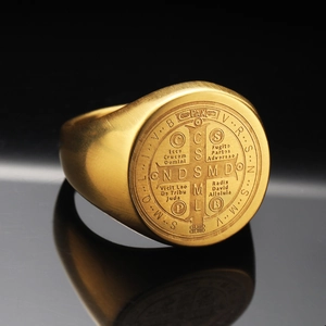 Vintage gold St. Benedict medal signet ring in stainless steel with cross pattern