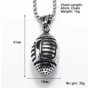 Vintage punk football pendant necklace in titanium steel with 60cm chain for men