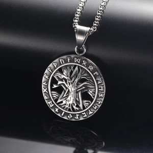 Vintage Viking Yggdrasil tree of life pendant necklace with Norse runes in antique silver