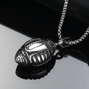 Polished silver American football pendant necklace with box chain for men's punk style