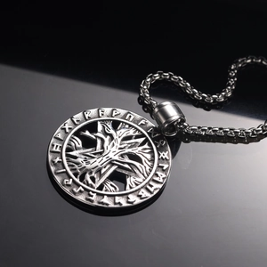 Vintage silver Viking Tree of Life pendant necklace with Elder Futhark Runes carving