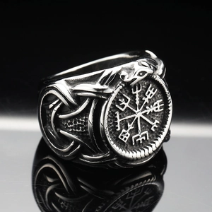 Vintage stainless steel Viking compass ring for men with Vegvisir motif and Nordic runes