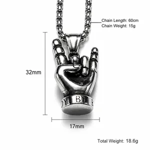 Pendentif geste d'amour rock rétro en acier inoxydable argenté avec chaîne hip hop