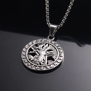 Vintage stainless steel Tree of Life pendant necklace with Norse runes on black surface