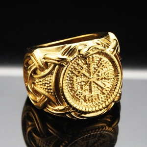 Retro golden stainless steel Viking Vegvisir compass ring for men with Celtic knot details