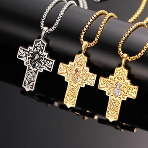 Vintage Titanium Steel Cross Pendant Necklace Retro Religious Hollowed Relief Saint Portrait Jewelry For Men Punk Style Jewelry