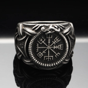 Vintage stainless steel Viking compass ring with Nordic Vegvisir symbol and rope texture