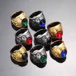 Detailed view of vintage punk signet rings with Freemason symbols and colorful gemstones