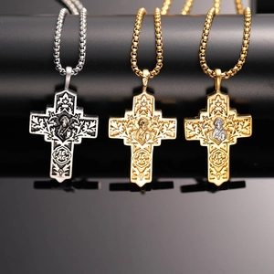 Retro stainless steel cross pendant necklaces with vintage saint relief in three colors