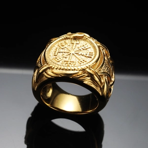 Vintage gold Viking compass ring for men with detailed Vegvisir relief and braided band