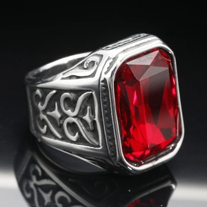 Men's vintage titanium steel ring with large rectangular red gemstone and engraved patterns