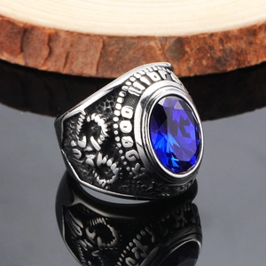 Retro punk Masonic ring with blue oval gemstone and goat head relief engraving