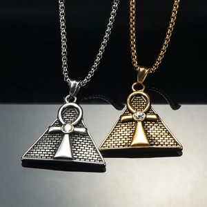 Egyptian Ankh Pyramid Pendant Necklace For Men Titanium Steel Hip Hop Punk Retro Rhinestone Inlaid Pendant Jewelry