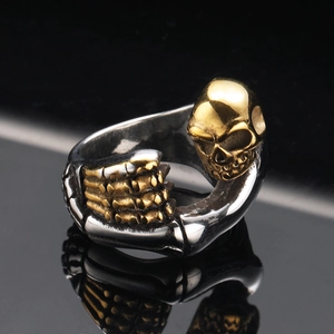 Retro hip-hop skeleton skull ring in silver and gold dual-tone stainless steel