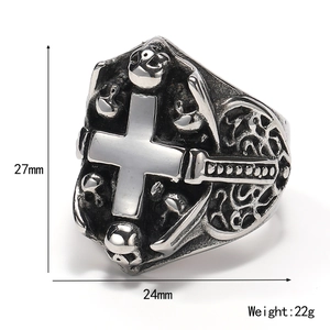 Bague gothique pour homme avec crâne et croix en acier inoxydable poli vintage
