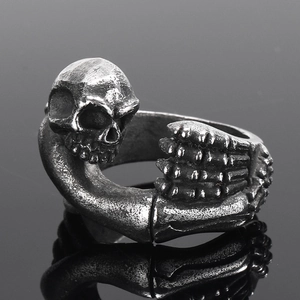 Vintage gothic skeleton hand and skull open ring in antique silver finish for men