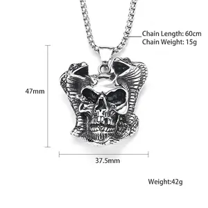 Collier avec pendentif crâne et cobra punk vintage en acier titane pour homme, chaîne 60cm