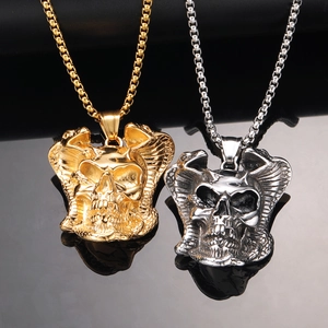 Collier Punk en Acier Inoxydable Crâne Cobra Pendentif Gothique Hip Hop pour Hommes Bijoux Vintage Rock Streetwear Cadeau