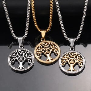 Collier Pendentif Arbre de Vie en Acier Inoxydable Vintage Nœud Celtique Creux Bijoux Slaves Homme Femme Or Argent