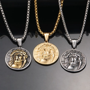 Set of 3 vintage stainless steel round saint portrait necklaces in gold and silver