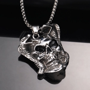 Pendentif crâne et cobra punk vintage nordique en acier titane argenté pour homme